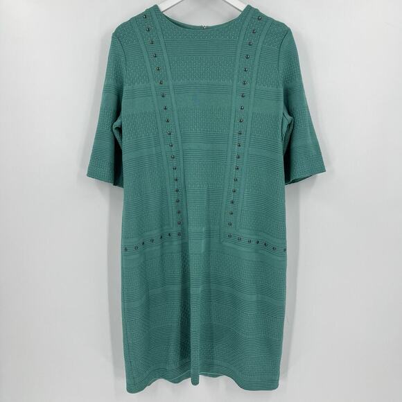 Ming Wang Stud Trim Tonal Stripe Knit Dress Knee Length Turquoise Size Medium - Picture 1 of 10